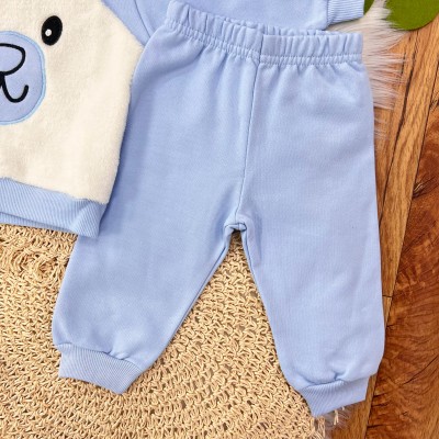 Conj. Casaco Ursinho com Pelinho e Calça de Moletom - Azul Bebê